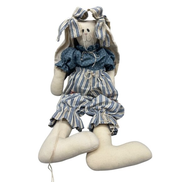 Handmade Fabric Bunny Doll Blue Polka Dot Top & Striped Pants Easter 19" READ - Picture 1 of 6